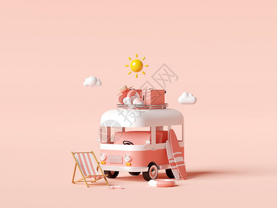 游客暑假概念乘面包车到海滩旅行携带粉红背景的旅行附件3D插图A横幅球图片
