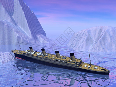 泰坦尼克号船在大冰山旁边沉入北洋寒冷的海中泰坦号船沉下3D艺术数字的科学图片