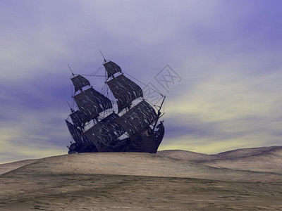 沙丘在滩上沉没的老船被多云天气压在沙上弃阴霾图片