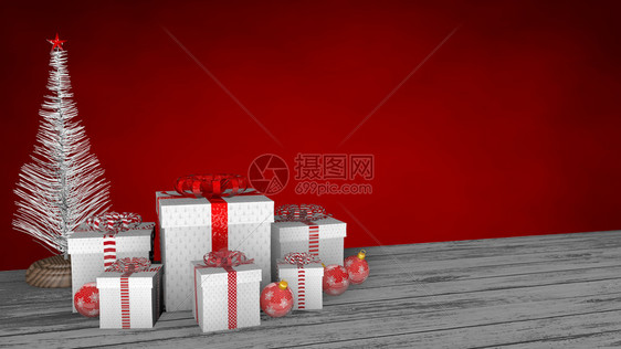 雷加洛斯厄瓜多尔一组白色礼品盒的前视图白色木地板上装饰着红色球和背景上的白圣诞树3D插图白色礼品盒木地板上装饰着红色球和蝴蝶结上图片