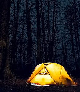 夜间森林的帐篷里点亮灯光图片