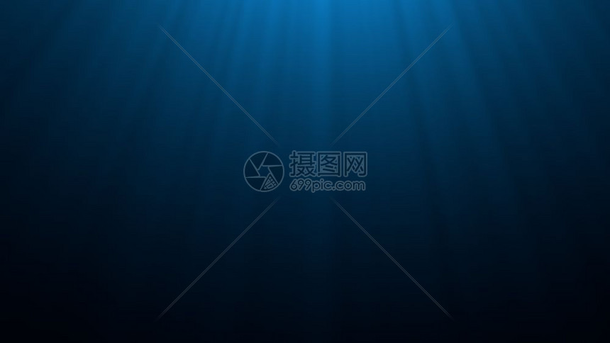 射线形象的深蓝色海底有阳光线穿过海面波浪背景的浅蓝海底色太阳束下的黑暗场景海洋和生3D插图抽象的图片