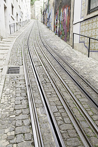 细节城市中的铁轨里斯本市公共交通的详情以前公共运输工具前公共运输工具一种金属图片