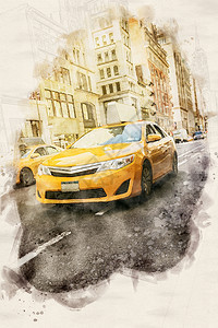 新的纽约市街头一辆黄色计程车的水彩画图示湿的商业图片