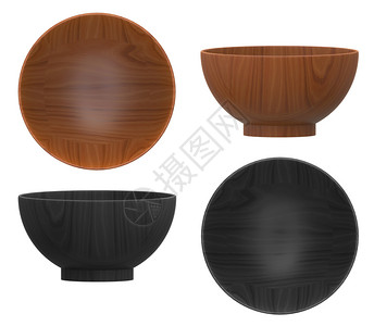 3d向上和侧面翻转日本薄膜汤棕色黑碗用剪切路径在白色背景上隔离的黑碗空色小路图片