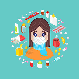 蜜糖具有不同药物和品绿色背景的患病女孩以绿色背景健康脸围巾设计图片