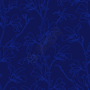 无缝的复古夏天蓝色花卉背景与树枝和玉兰花无缝图案与玉兰树开花天设计与卉元素手绘植物插图蓝色花卉背景与树枝和玉兰花无缝图案与玉兰图片