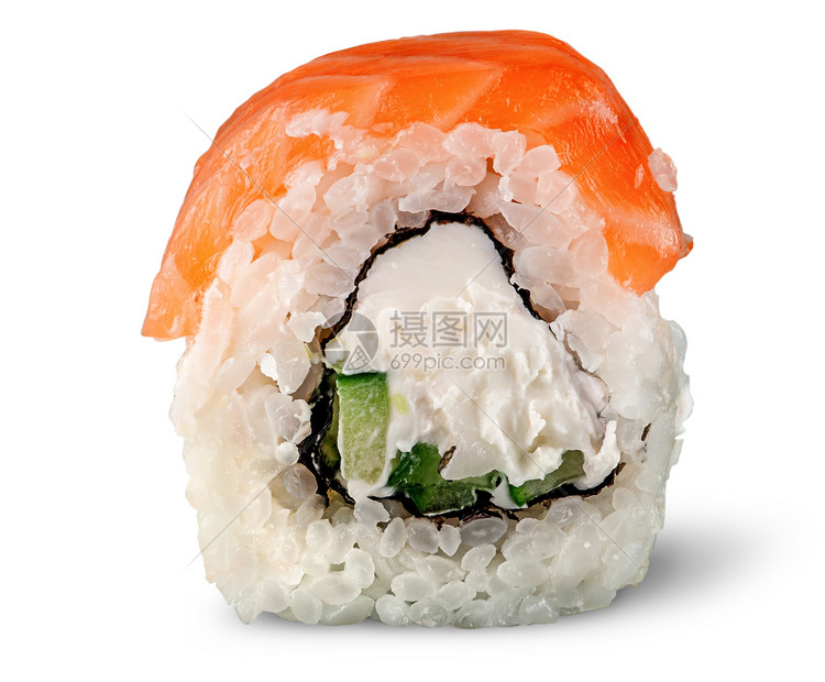 亚洲人菲费城的单片寿司卷在白色背景上被孤立晚餐图片