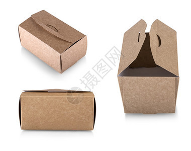 放灰色的咖啡店一套布朗纸食品盒在白色背景上隔离并配有剪切路径的一组布朗纸食品盒装在白色背景上隔离带剪切路径图片