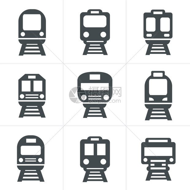 象征高的路一组运输图标火车和Tram矢量说明图片