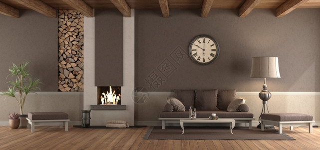 活的居住用沙发和壁炉的经典风格棕色客厅3D制成用沙发和壁炉的经典客厅渲染图片