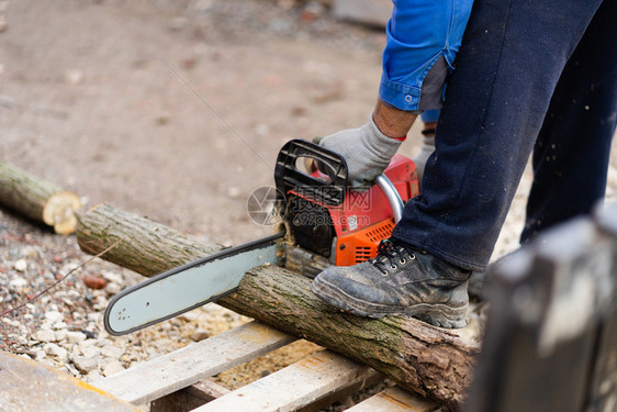 在秋或冬日户外院子里砍木柴树干时持链锯男子的中路樵夫工作职业图片