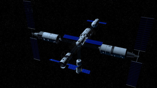 插图显示了天宫三号空间站模块在与天河核心模块耦合方向的黑色空间与星背景3D插图天宫三号空间站模块在耦合到天河核心模块的方向黑色空图片