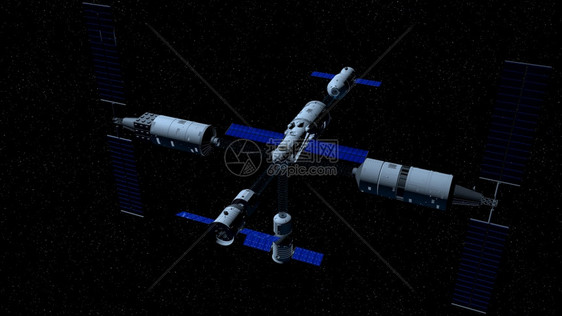 插图显示了天宫三号空间站模块在与天河核心模块耦合方向的黑色空间与星背景3D插图天宫三号空间站模块在耦合到天河核心模块的方向黑色空图片