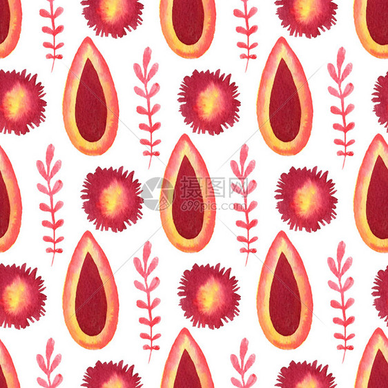 夏天水彩无缝图案明亮的红色和橙背景可用于包装纸和织物设计水彩无缝图案可用于包装纸和织物设计亚麻布有机的图片