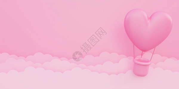 浪漫的感情问候人节爱概念背景粉红色3D心形热气球以纸云在天空中飞翔复制间图片