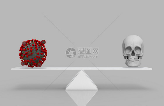 3d使红色Covid19或冠状人体头颅在白三角平衡比例上等同是概念渲染颅骨商业图片