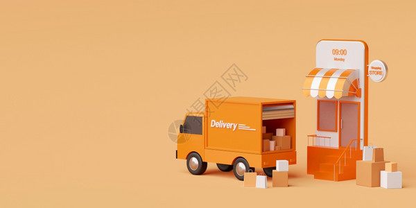 信使销售电子商务概念移动应用的送货服务卡车运输3D类D交货图片