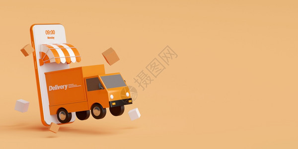 摩托车男人电子商务概念移动应用的送货服务卡车运输3D类D销售图片