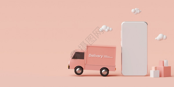 在线的商业销售电子务概念移动应用的送货服务卡车运输3D类图片