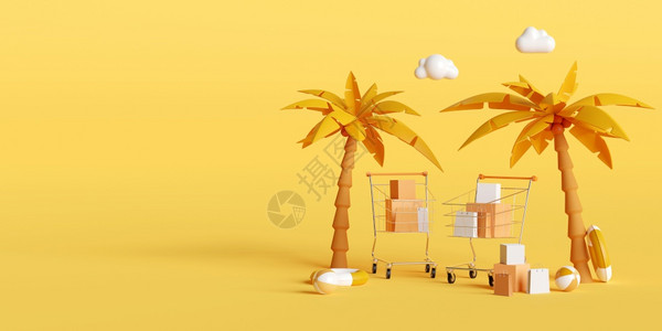 网络零售季销横幅棕榈树购物车和黄色背景的海滩附件3d插图图片