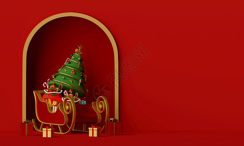 圣诞节快乐和新年圣诞老人雪橇树上满是礼物盒的圣诞树冬天熊图片