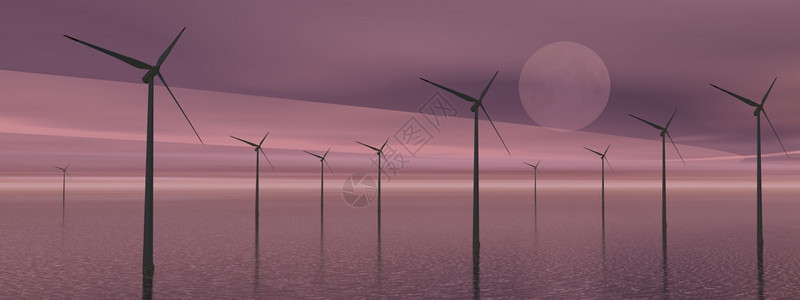力量工业的行紫色阴云夜间风力涡轮机在海洋中的风力涡轮机图片