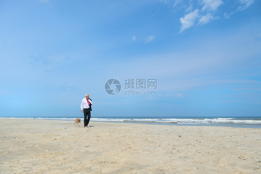 假期荷兰语商人穿正规西装在海滩上走狗图片