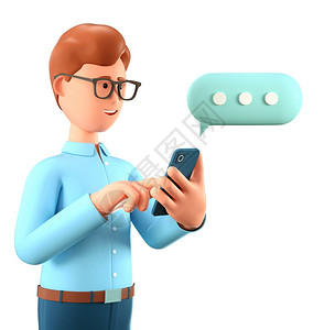 移动的展示3D男在智能手机和语音泡上聊天的3D插图Cute漫画笑着的商人在社交网络移动连接中交谈和打字商业图片