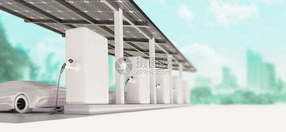 干净的车站渲染在现代充电器站用太阳能池板和绿色城市以背景3d插图收费的EV汽车泊图片