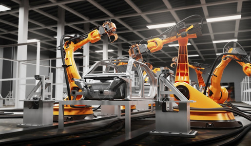 使用机器人在智能工厂中作的汽车生产线3d插图创新行业现代的图片
