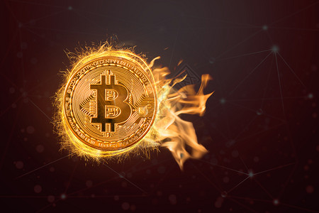 Bitcoin模型在黑暗色背景的火焰中模拟比特币加密概念商业和投资概念高风险等连锁链技术超过加密货币虚拟的图片