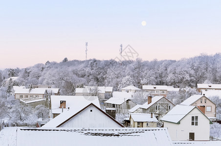 冰加里宁格勒冬天的乡村景观被雪覆盖的房屋和田地被雪覆盖的田地冬天乡村景观树图片