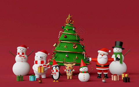 快活愉圣诞乐和新年圣诞树有可爱的圣诞角色在红背景上问候图片