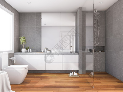 放松3d将热带和现代风格的木材浴室靠近窗户住宅渲染图片
