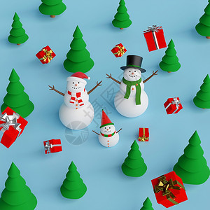 使成为森林圣诞快乐新年雪人在松树林的雪人与圣诞礼物3D铸造特点图片