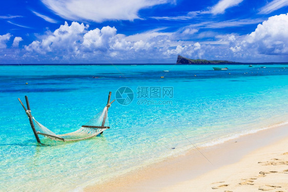 宁静海夏令放松的热带假日绿水中的吊床图片
