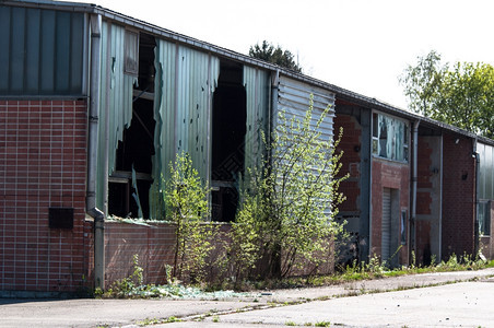 落跑和窗户破碎的废弃工厂外部被遗弃植物图片