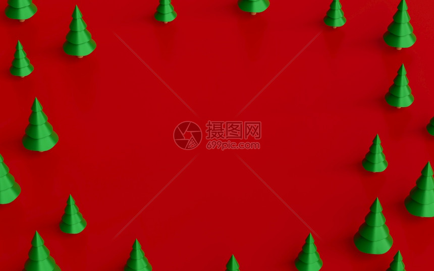问候圣诞树红色背景上空3D有创造力的新图片