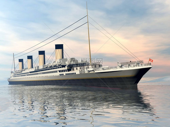 著名的泰坦尼克号船在日落的泰坦号船上漂浮在水海浪航程云图片