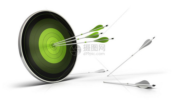 绿色目标在白背景上三支箭射向它们的目标白箭射向地面未能达到其客观机会而白箭射向地面的没有达到其客观机会胜利白色的可靠图片