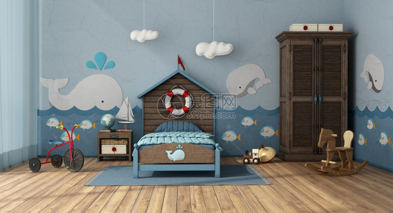 墙渲染孩子装有单床和玩具的海洋型儿童房3DRetro风格儿童房间装有玩具的海洋型儿童房图片