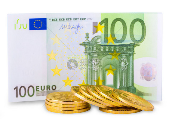 银行头奖少量白种背景的欧元现金和比特币的背景情况图片