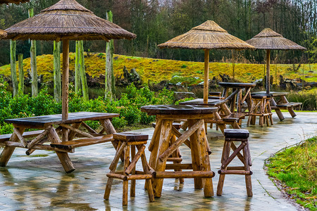 木头桌子雨天空的异国外貌酒吧露台和花园家具餐饮业糟糕的一天下雨图片