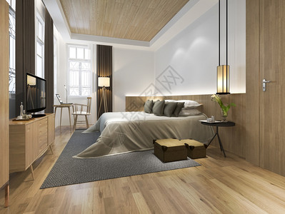灯屋室内的3d使木制最小风格的卧室从窗口视图图片
