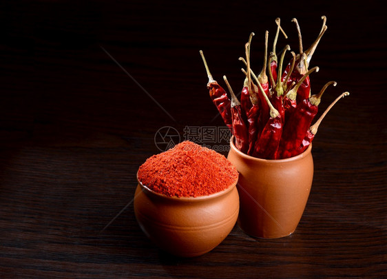 粘土锅深底的干冷辣椒粉和红冻热辣椒素莎酱晒干图片
