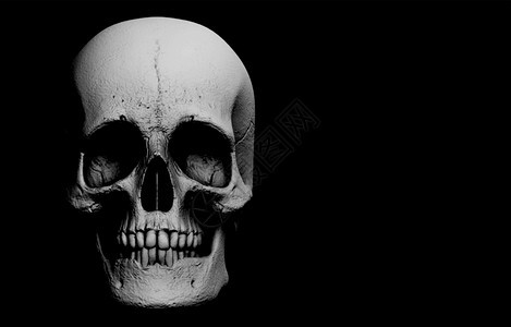 恐惧灰色的糟糕3D在黑色背景的万圣节横幅概念上制造了恐怖的人类头骨图片
