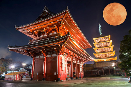 日本东京浅草沙天津二夜寺老的灯晚图片