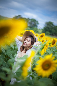 向日葵田中的年轻亚洲女孩图片