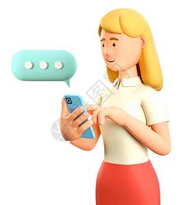 虚拟的企业家3D插图美丽的金发女在智能手机上聊天时用语音泡卡通微笑的女商人在电话上说和打字社交网络通信移动连接等例子移动的图片